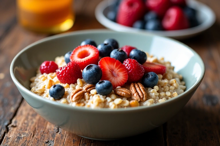 Primer plano de un tazón de avena con bayas frescas, nueces y semillas, sobre una mesa de desayuno rústica.
