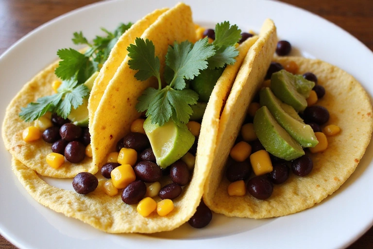 Un plato colorido de tacos veganos con aguacate, frijoles negros, maíz y cilantro, recién preparados y apetitosos.