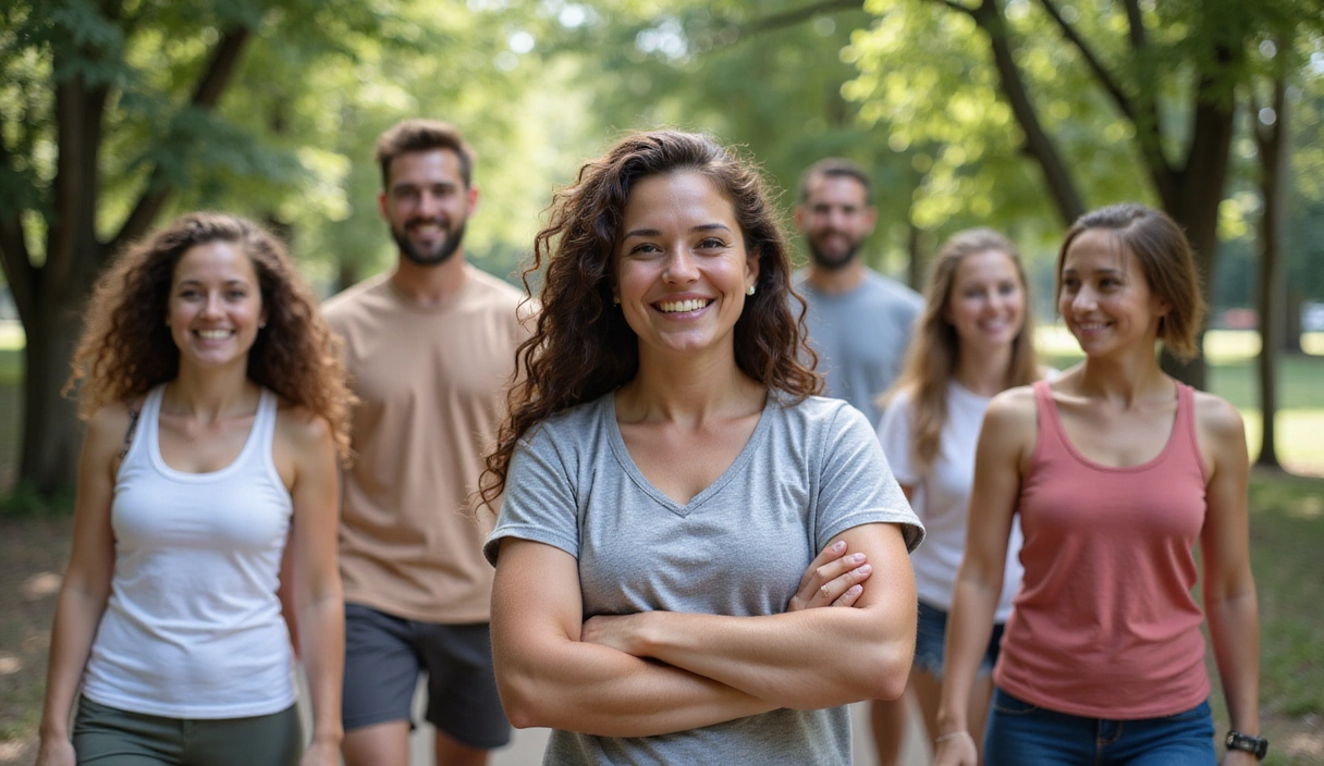 Grupo de personas sonriendo y realizando actividades saludables